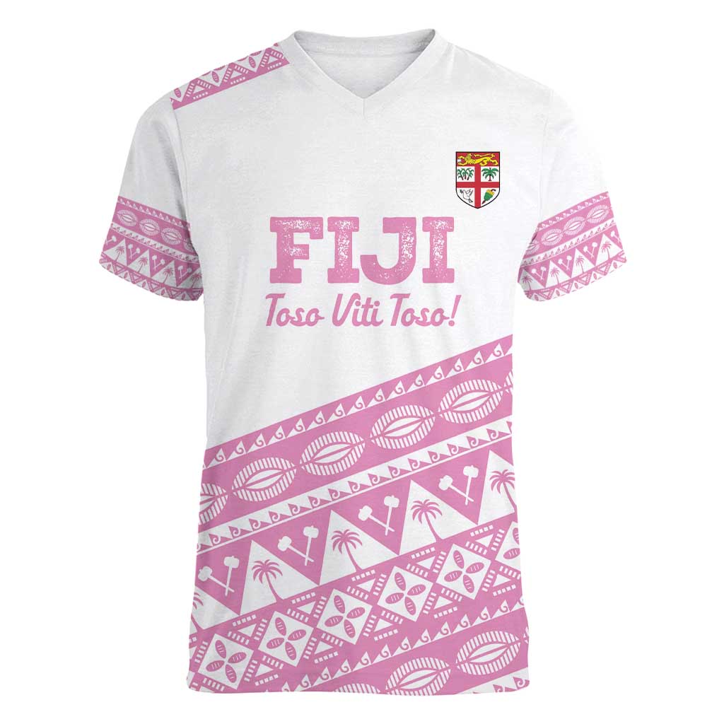 Fiji Rugby 2025 Custom Women V-Neck T-Shirt Fijian Tapa Toso Viti Toso - Pink