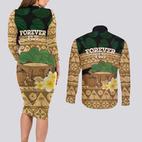 Bula Fiji Kava Bowl Couples Matching Long Sleeve Bodycon Dress and Long Sleeve Button Shirt Fijian Tapa Cloth Vintage Vibe