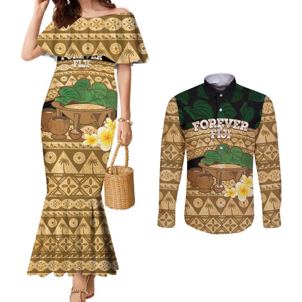 Bula Fiji Kava Bowl Couples Matching Mermaid Dress and Long Sleeve Button Shirt Fijian Tapa Cloth Vintage Vibe