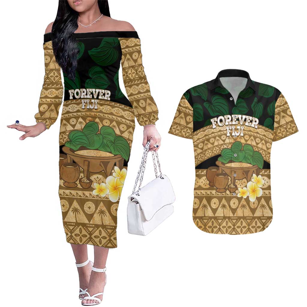Bula Fiji Kava Bowl Couples Matching Off The Shoulder Long Sleeve Dress and Hawaiian Shirt Fijian Tapa Cloth Vintage Vibe
