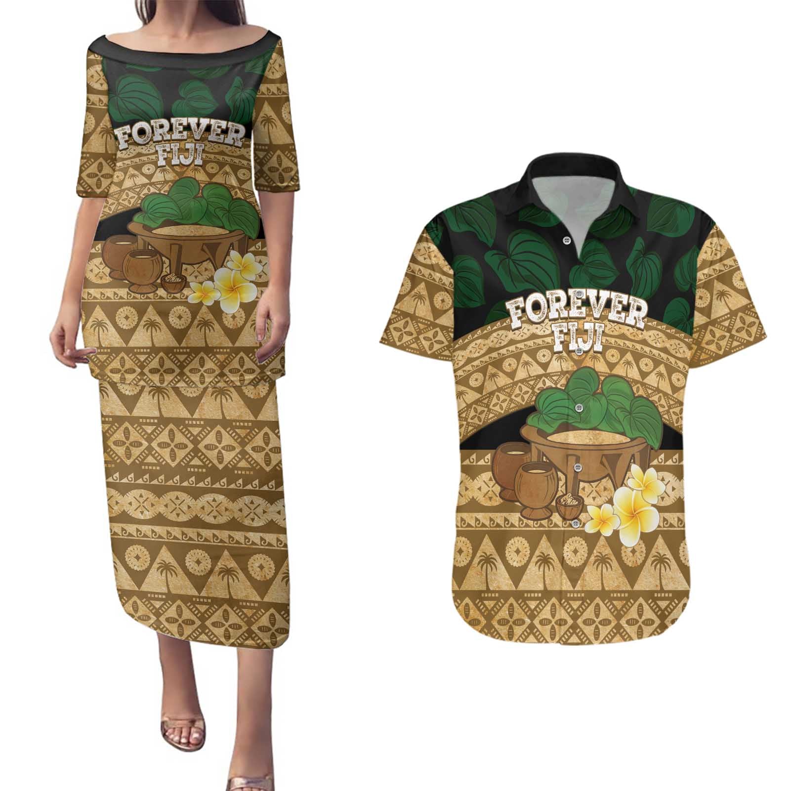 Bula Fiji Kava Bowl Couples Matching Puletasi and Hawaiian Shirt Fijian Tapa Cloth Vintage Vibe