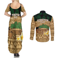 Bula Fiji Kava Bowl Couples Matching Summer Maxi Dress and Long Sleeve Button Shirt Fijian Tapa Cloth Vintage Vibe