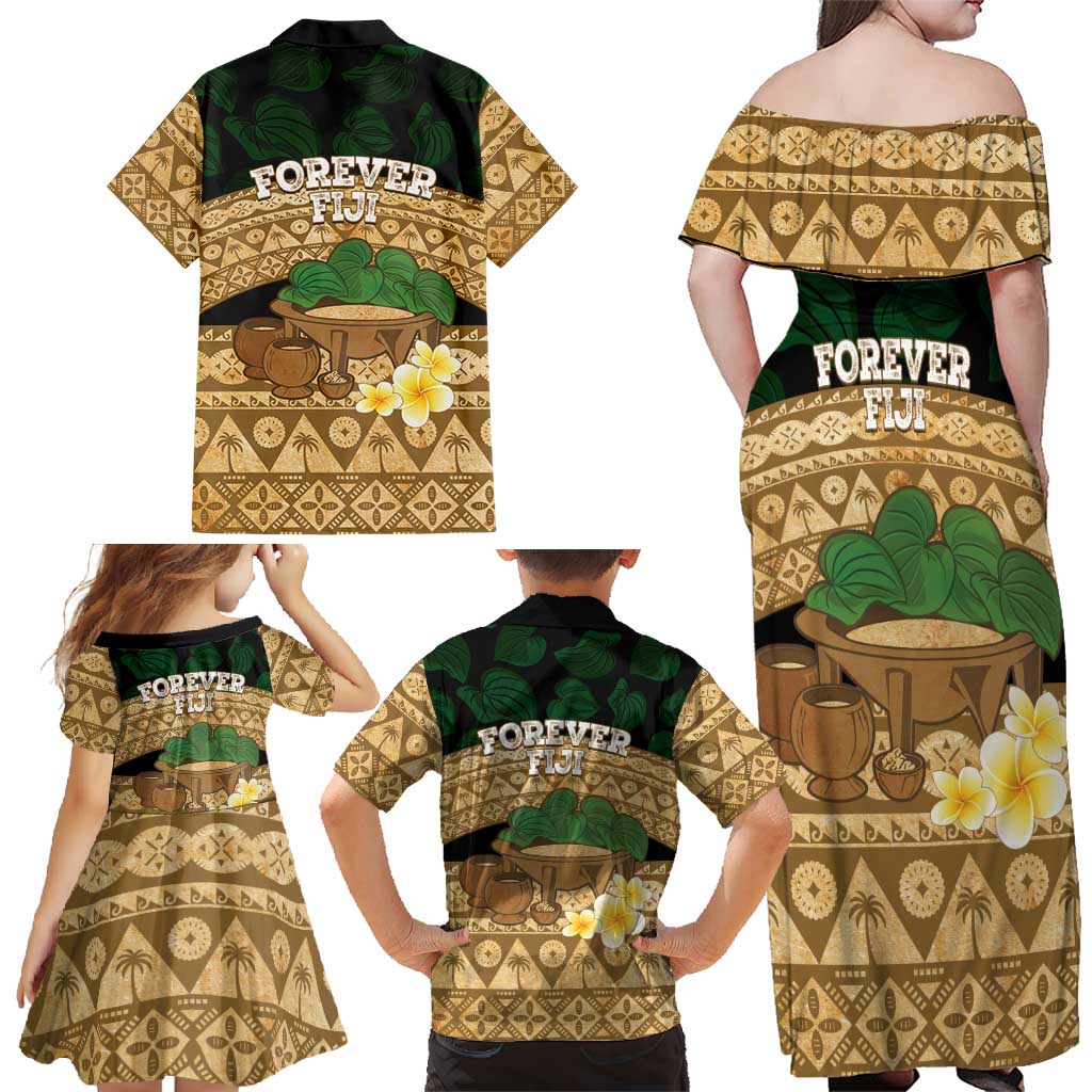 Bula Fiji Kava Bowl Family Matching Off Shoulder Maxi Dress and Hawaiian Shirt Fijian Tapa Cloth Vintage Vibe