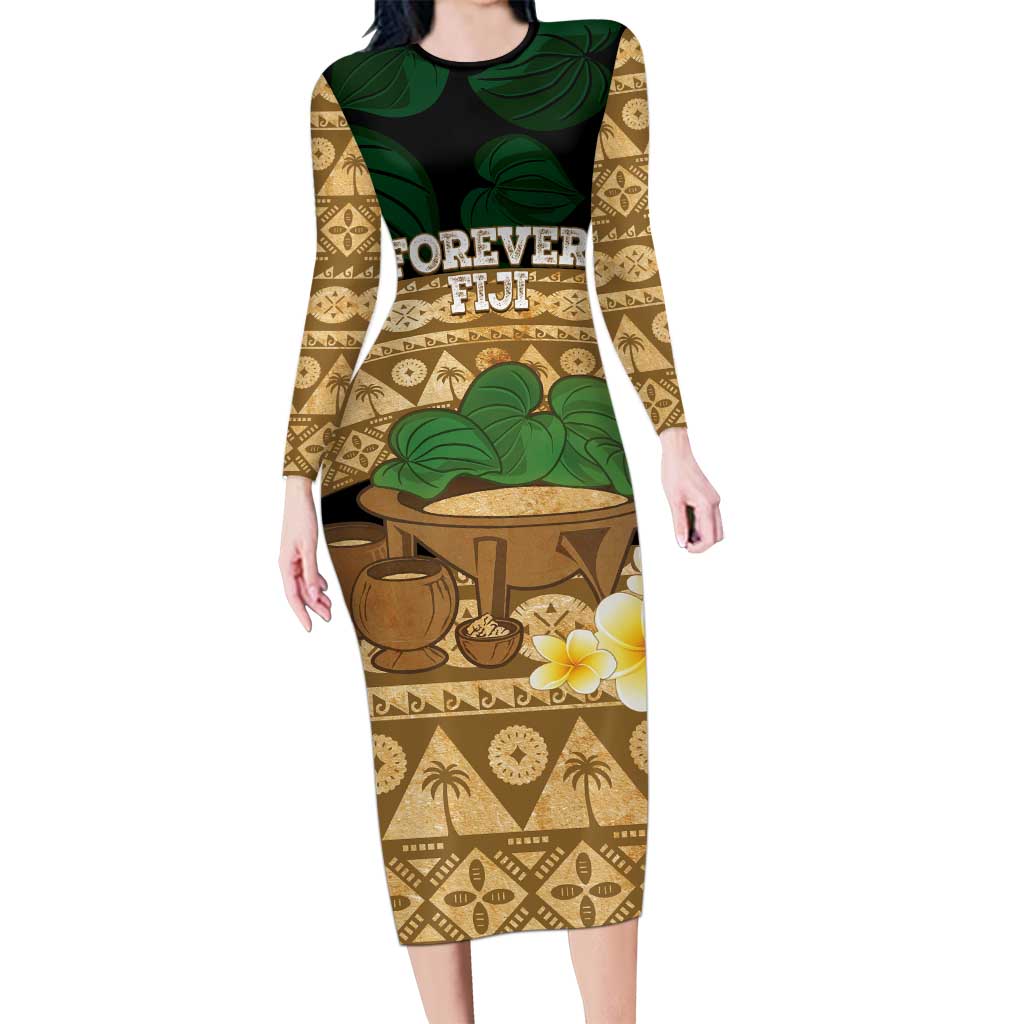 Bula Fiji Kava Bowl Long Sleeve Bodycon Dress Fijian Tapa Cloth Vintage Vibe