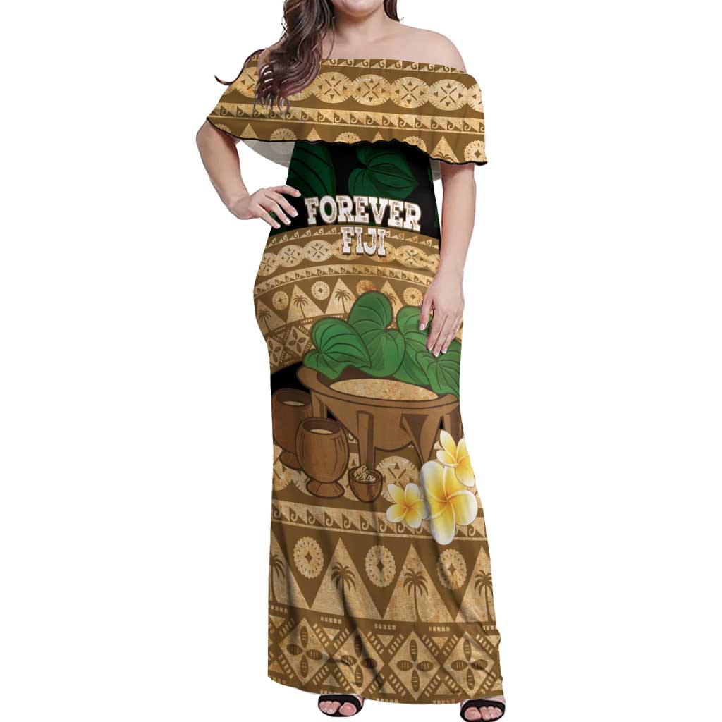 Bula Fiji Kava Bowl Off Shoulder Maxi Dress Fijian Tapa Cloth Vintage Vibe