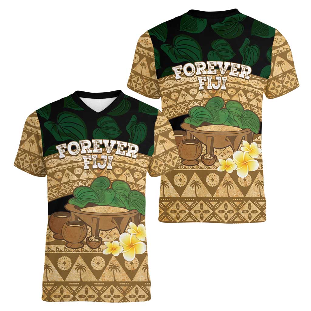 Bula Fiji Kava Bowl Women V-Neck T-Shirt Fijian Tapa Cloth Vintage Vibe