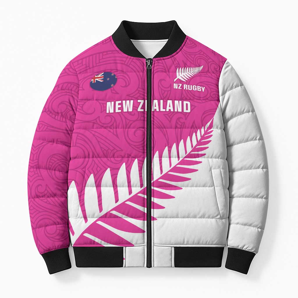 New Zealand Silver Fern Rugby Custom Bomber Puffer Jacket Go All Black Maori Pink Version - Polynesian Pride