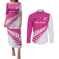 New Zealand Silver Fern Rugby Custom Couples Matching Puletasi and Long Sleeve Button Shirt Go All Black Maori Pink Version