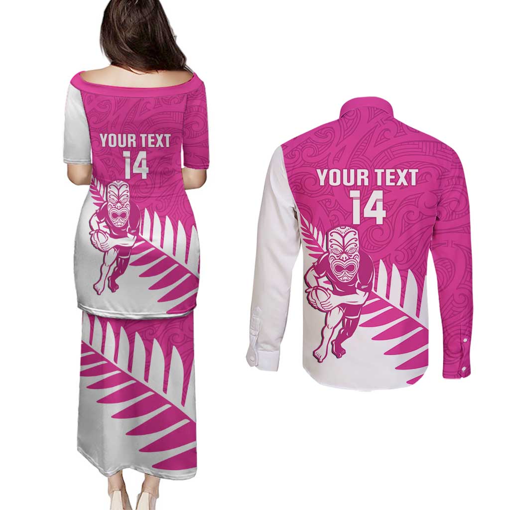 New Zealand Silver Fern Rugby Custom Couples Matching Puletasi and Long Sleeve Button Shirt Go All Black Maori Pink Version