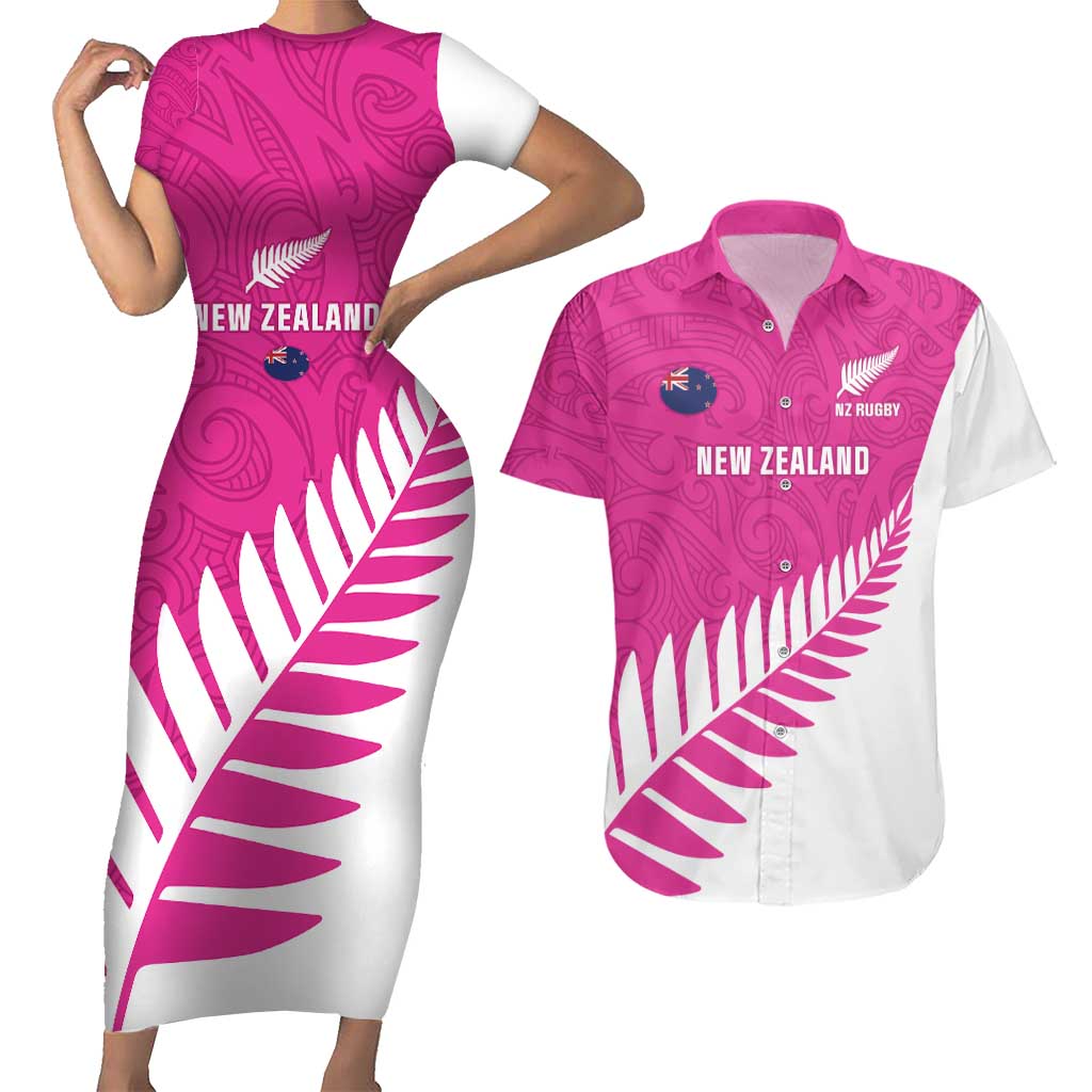 New Zealand Silver Fern Rugby Custom Couples Matching Short Sleeve Bodycon Dress and Hawaiian Shirt Go All Black Maori Pink Version