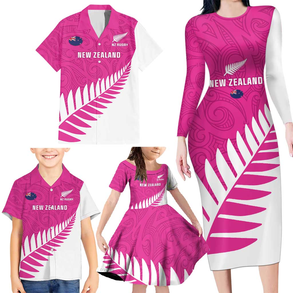New Zealand Silver Fern Rugby Custom Family Matching Long Sleeve Bodycon Dress and Hawaiian Shirt Go All Black Maori Pink Version