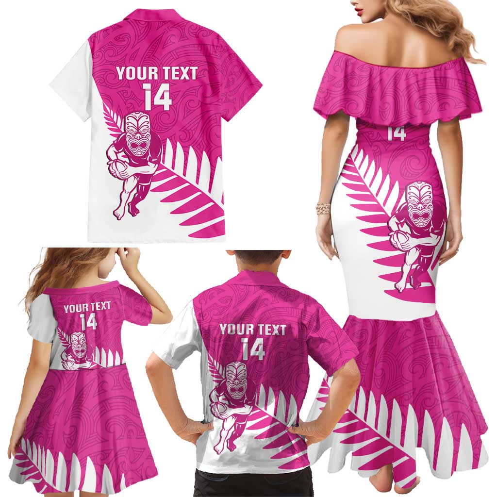 New Zealand Silver Fern Rugby Custom Family Matching Mermaid Dress and Hawaiian Shirt Go All Black Maori Pink Version
