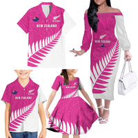 New Zealand Silver Fern Rugby Custom Family Matching Off The Shoulder Long Sleeve Dress and Hawaiian Shirt Go All Black Maori Pink Version