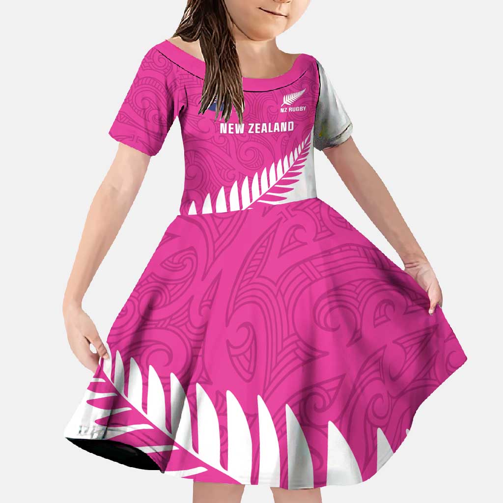 New Zealand Silver Fern Rugby Custom Family Matching Summer Maxi Dress and Hawaiian Shirt Go All Black Maori Pink Version LT14 Daughter's Dress Pink - Polynesian Pride