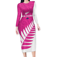 New Zealand Silver Fern Rugby Custom Long Sleeve Bodycon Dress Go All Black Maori Pink Version
