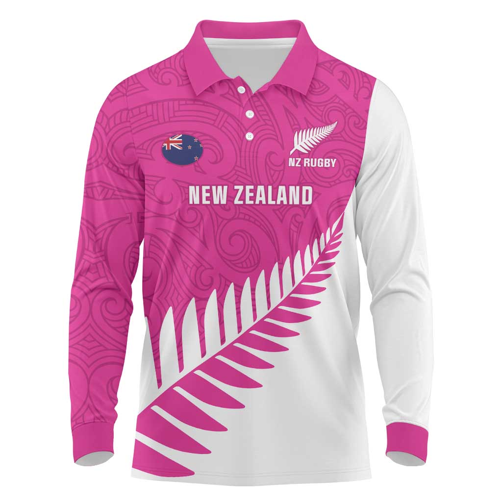 New Zealand Silver Fern Rugby Custom Long Sleeve Polo Shirt Go All Black Maori Pink Version