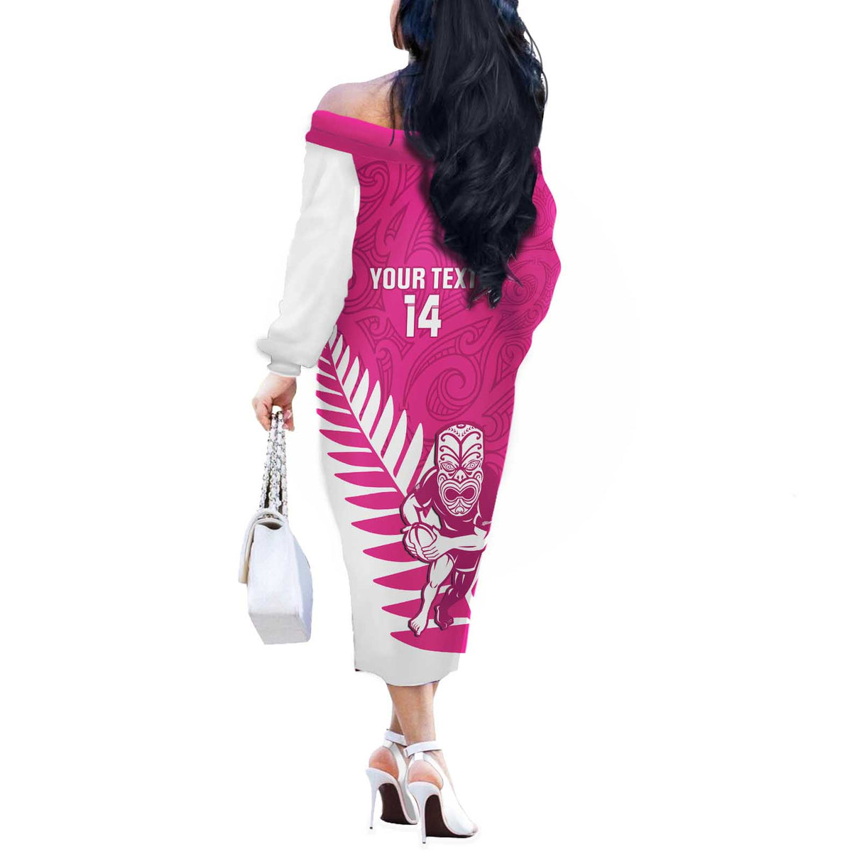 New Zealand Silver Fern Rugby Custom Off The Shoulder Long Sleeve Dress Go All Black Maori Pink Version