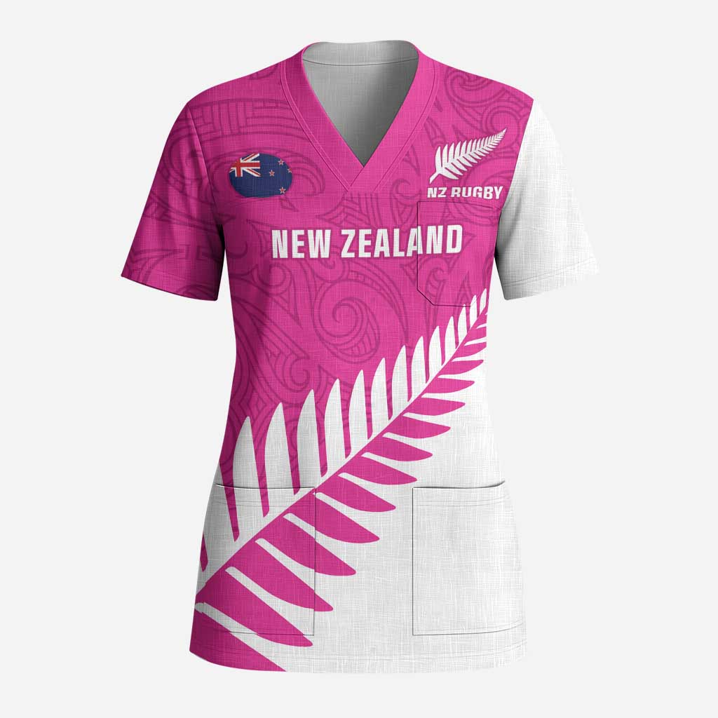 New Zealand Silver Fern Rugby Custom Scrub Top Go All Black Maori Pink Version - Polynesian Pride