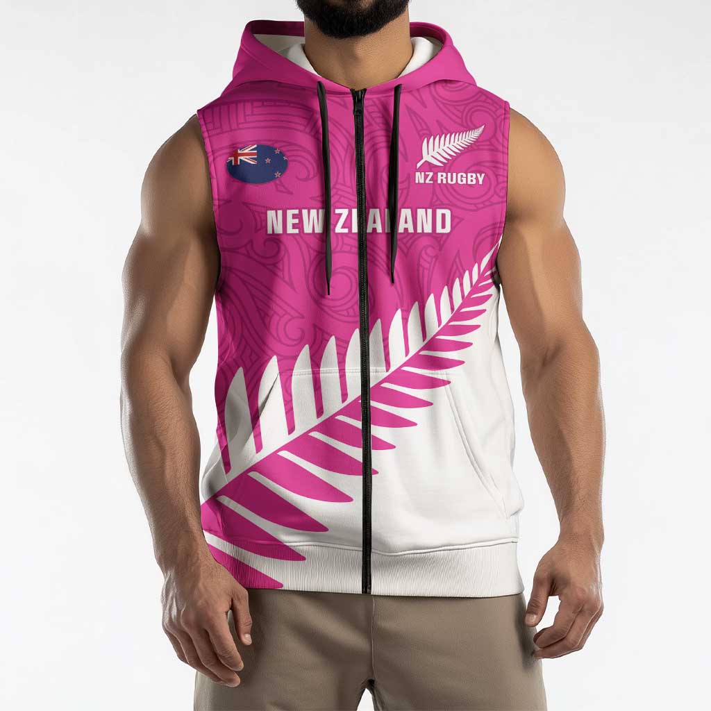 New Zealand Silver Fern Rugby Custom Sleeveless Zip Hoodie Go All Black Maori Pink Version LT14 - Polynesian Pride