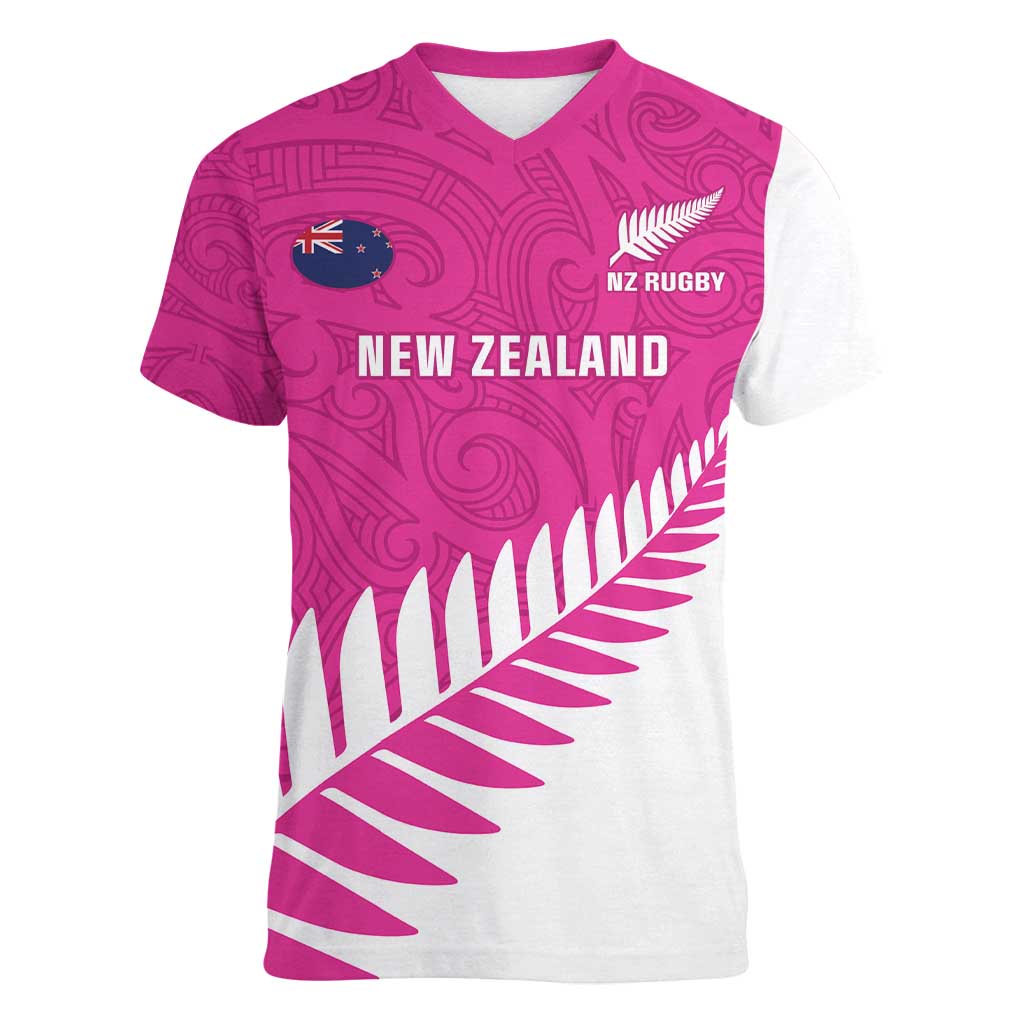 New Zealand Silver Fern Rugby Custom Women V-Neck T-Shirt Go All Black Maori Pink Version LT14 Female Pink - Polynesian Pride