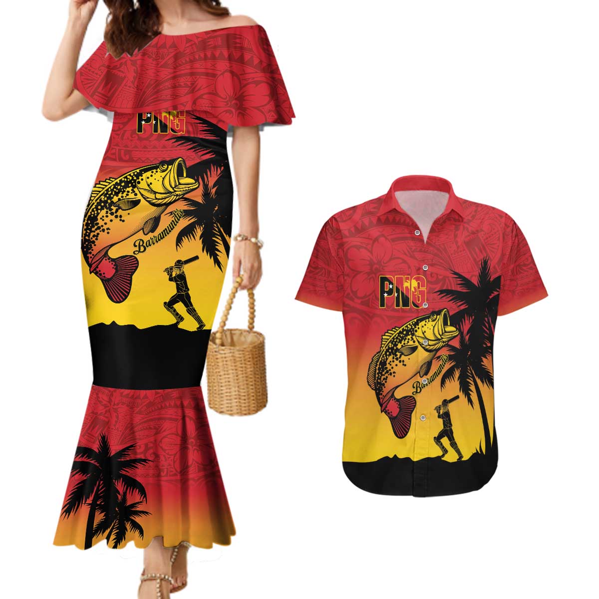 Custom Papua New Guinea Cricket Couples Matching Mermaid Dress and Hawaiian Shirt PNG Barramundis - Polynesian Pride