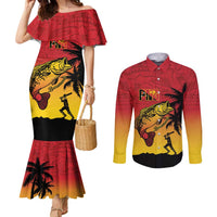 Custom Papua New Guinea Cricket Couples Matching Mermaid Dress and Long Sleeve Button Shirt PNG Barramundis LT14 Red - Polynesian Pride