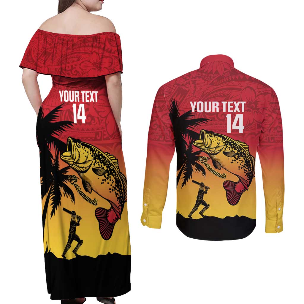 Custom Papua New Guinea Cricket Couples Matching Off Shoulder Maxi Dress and Long Sleeve Button Shirt PNG Barramundis LT14 - Polynesian Pride