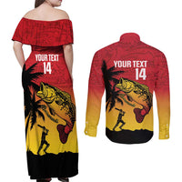 Custom Papua New Guinea Cricket Couples Matching Off Shoulder Maxi Dress and Long Sleeve Button Shirt PNG Barramundis LT14 - Polynesian Pride