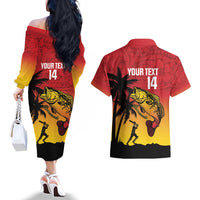 Custom Papua New Guinea Cricket Couples Matching Off The Shoulder Long Sleeve Dress and Hawaiian Shirt PNG Barramundis - Polynesian Pride