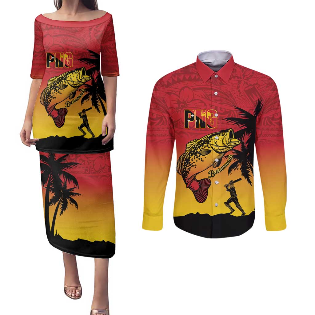 Custom Papua New Guinea Cricket Couples Matching Puletasi and Long Sleeve Button Shirt PNG Barramundis LT14 Red - Polynesian Pride