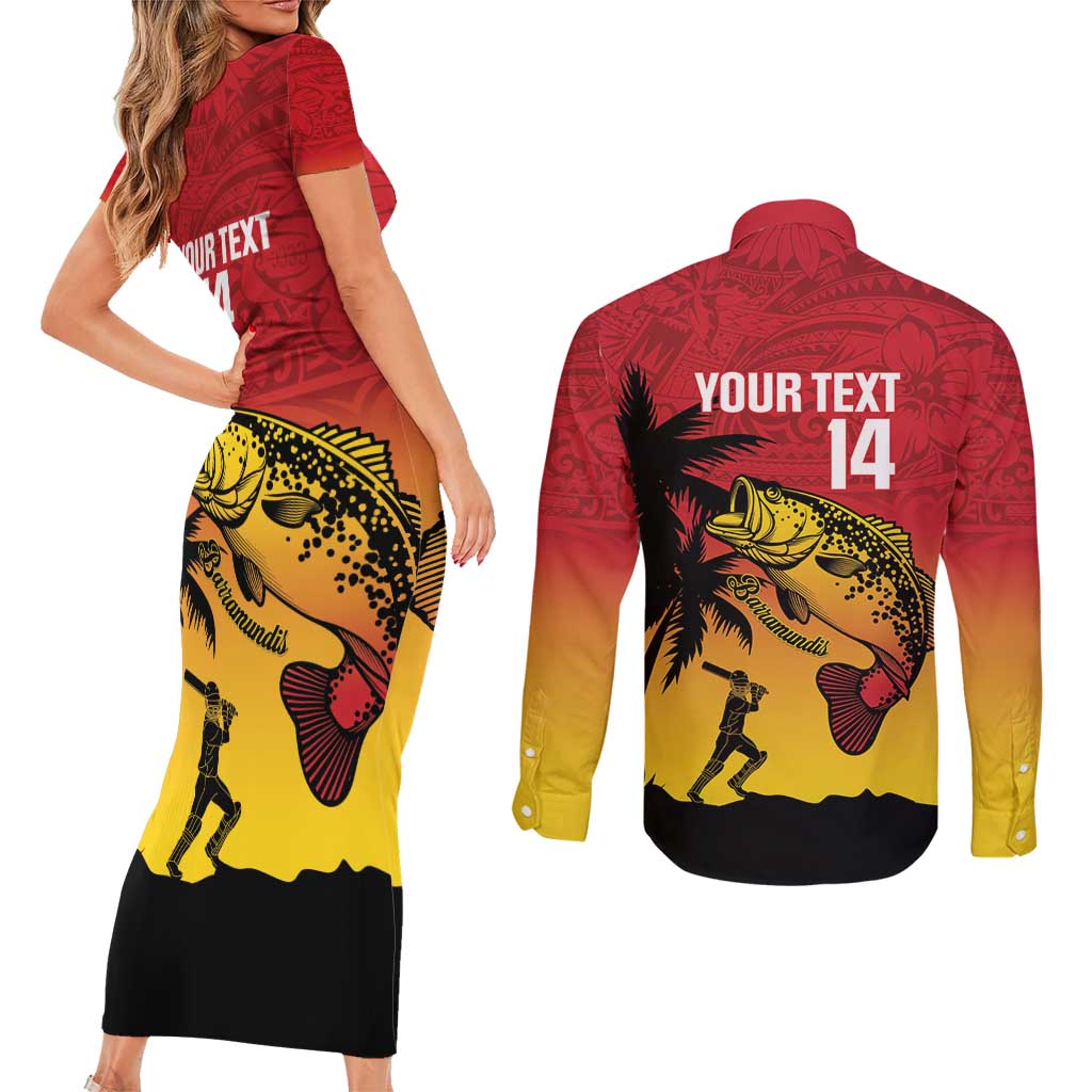 Custom Papua New Guinea Cricket Couples Matching Short Sleeve Bodycon Dress and Long Sleeve Button Shirt PNG Barramundis - Polynesian Pride