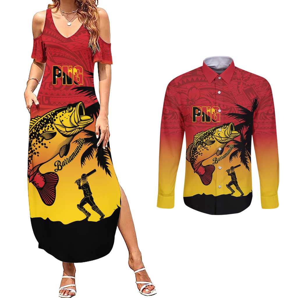 Custom Papua New Guinea Cricket Couples Matching Summer Maxi Dress and Long Sleeve Button Shirt PNG Barramundis LT14 Red - Polynesian Pride