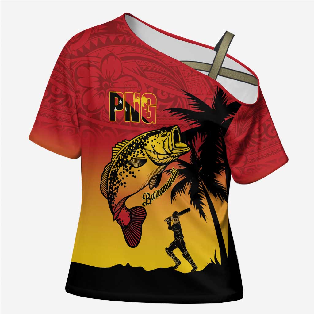 Custom Papua New Guinea Cricket Cross Shoulder Shirt PNG Barramundis - Polynesian Pride
