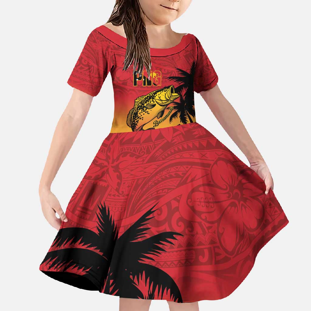 Custom Papua New Guinea Cricket Family Matching Long Sleeve Bodycon Dress and Hawaiian Shirt PNG Barramundis LT14 Daughter's Dress Red - Polynesian Pride