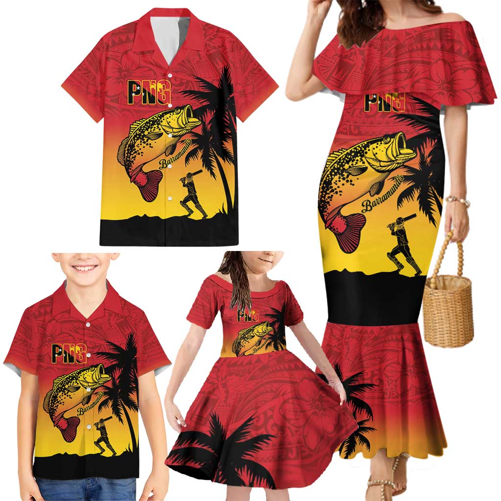 Custom Papua New Guinea Cricket Family Matching Mermaid Dress and Hawaiian Shirt PNG Barramundis - Polynesian Pride