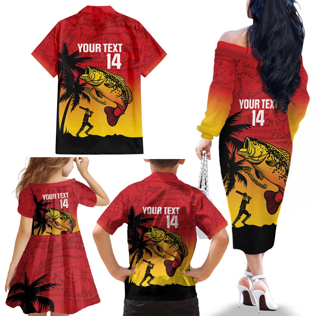 Custom Papua New Guinea Cricket Family Matching Off The Shoulder Long Sleeve Dress and Hawaiian Shirt PNG Barramundis - Polynesian Pride