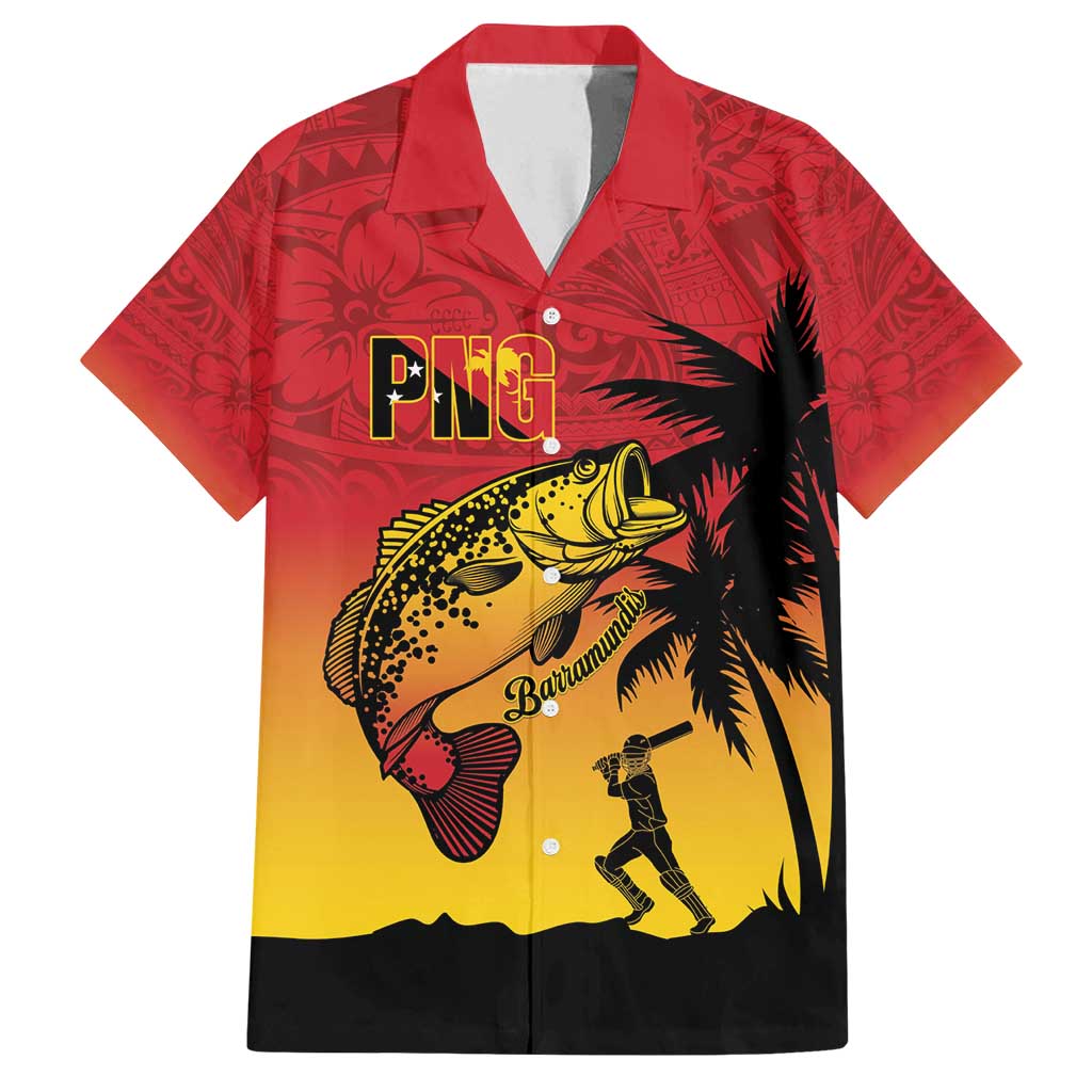 Custom Papua New Guinea Cricket Family Matching Puletasi and Hawaiian Shirt PNG Barramundis LT14 Dad's Shirt - Short Sleeve Red - Polynesian Pride