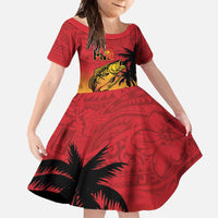Custom Papua New Guinea Cricket Family Matching Short Sleeve Bodycon Dress and Hawaiian Shirt PNG Barramundis LT14 Daughter's Dress Red - Polynesian Pride