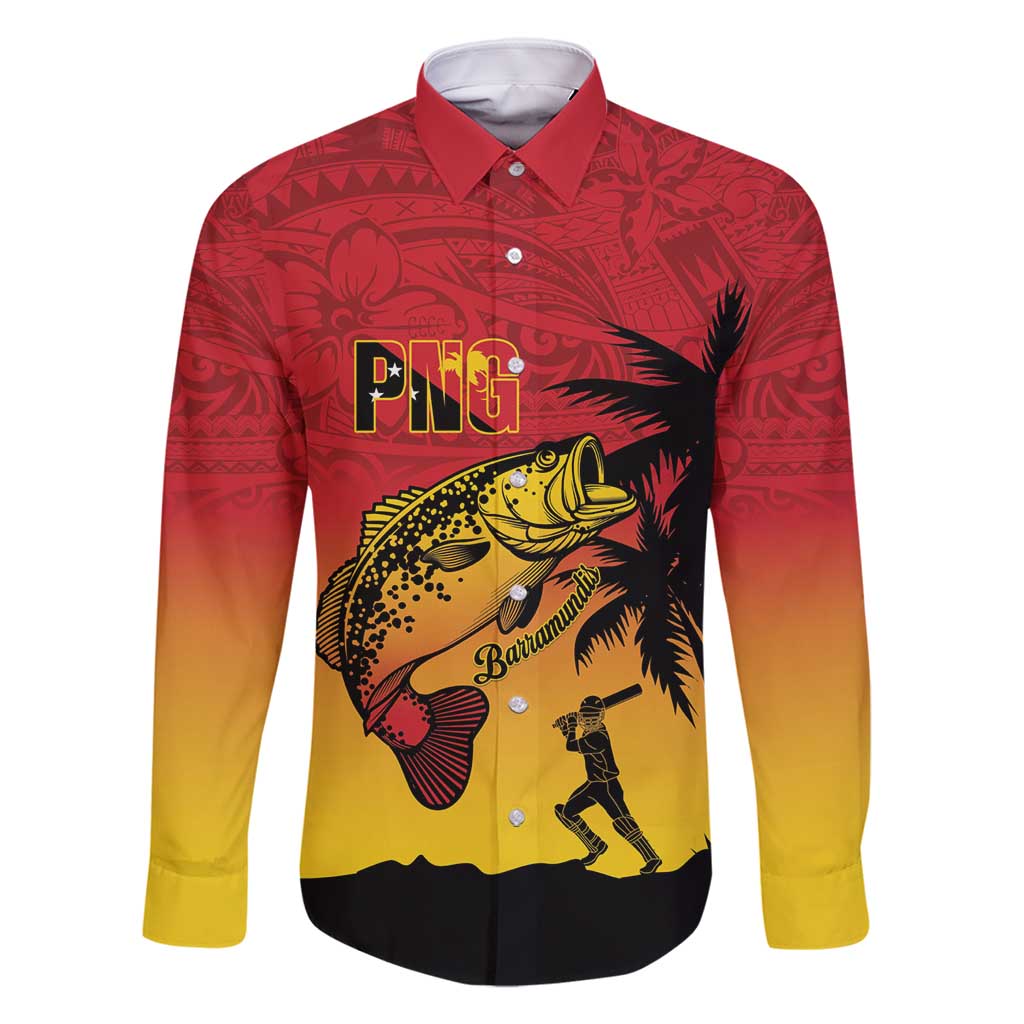 Custom Papua New Guinea Cricket Family Matching Summer Maxi Dress and Hawaiian Shirt PNG Barramundis LT14 Dad's Shirt - Long Sleeve Red - Polynesian Pride