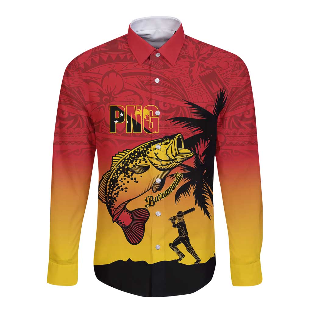 Custom Papua New Guinea Cricket Long Sleeve Button Shirt PNG Barramundis - Polynesian Pride