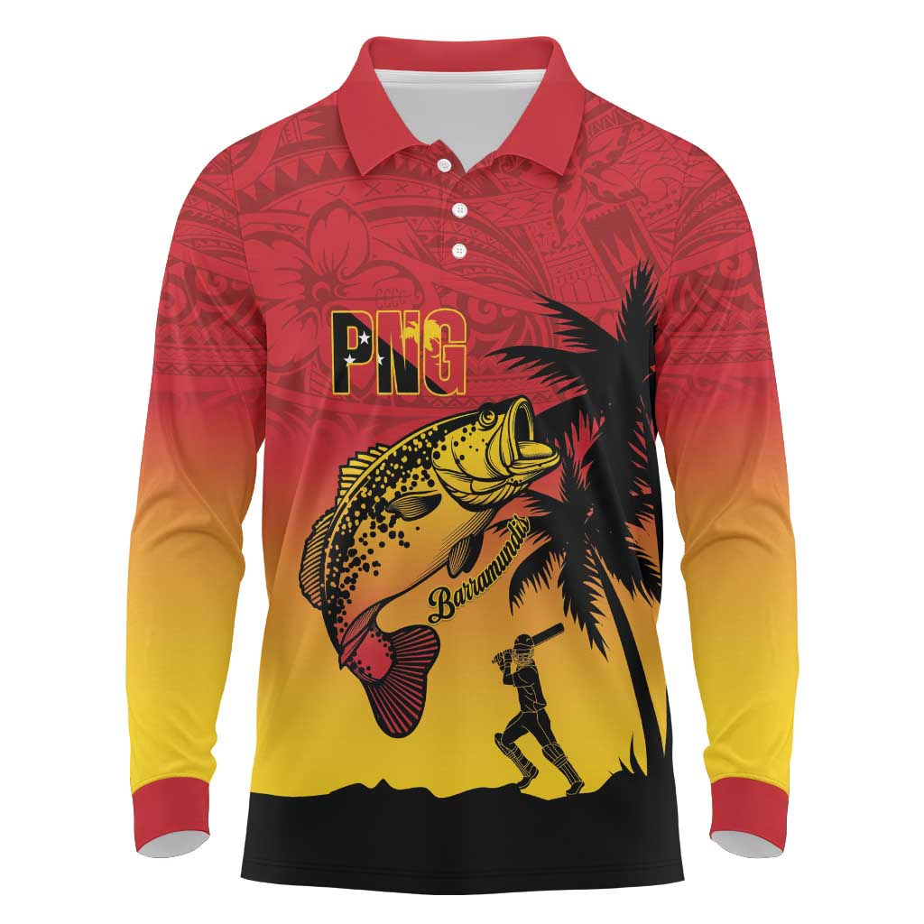 Custom Papua New Guinea Cricket Long Sleeve Polo Shirt PNG Barramundis LT14 Red - Polynesian Pride