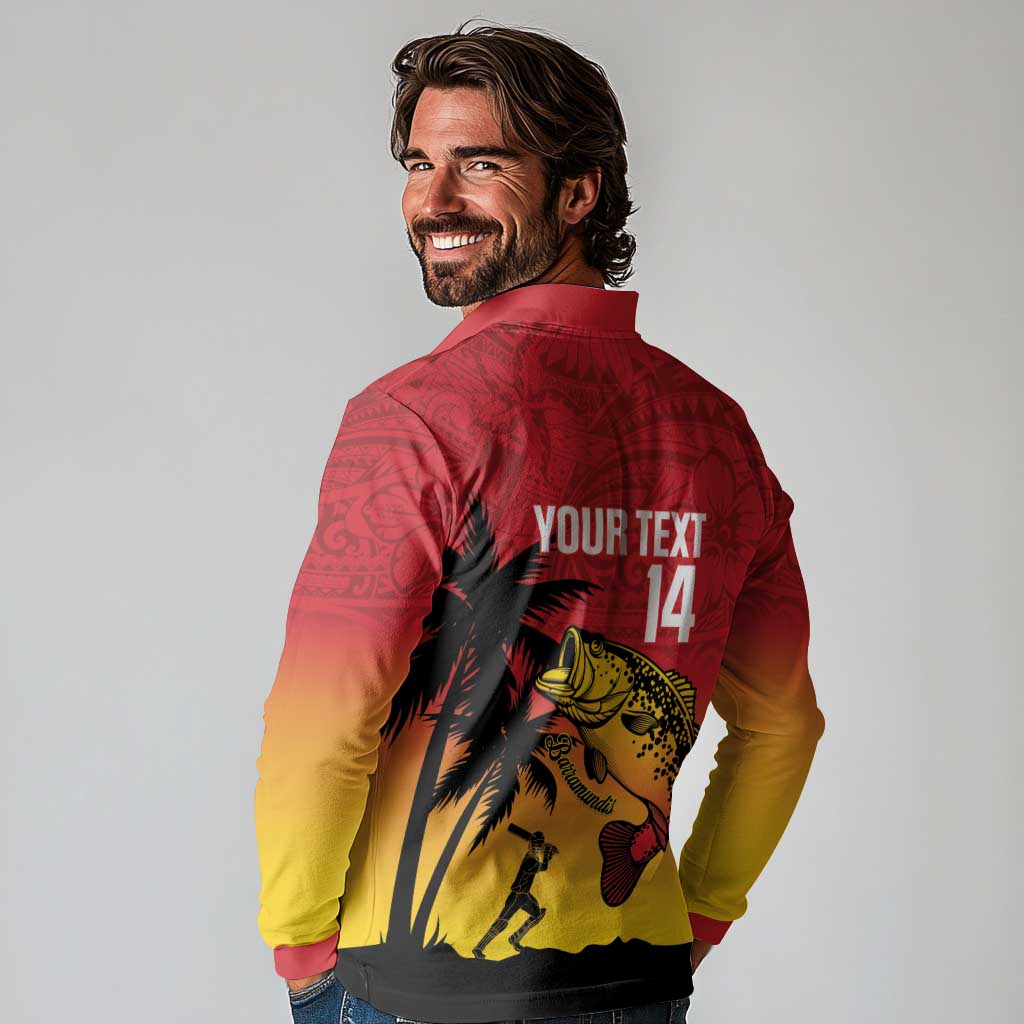 Custom Papua New Guinea Cricket Long Sleeve Polo Shirt PNG Barramundis LT14 - Polynesian Pride
