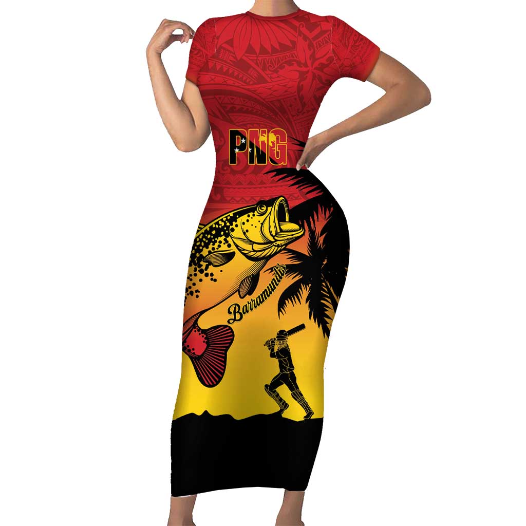 Custom Papua New Guinea Cricket Short Sleeve Bodycon Dress PNG Barramundis - Polynesian Pride