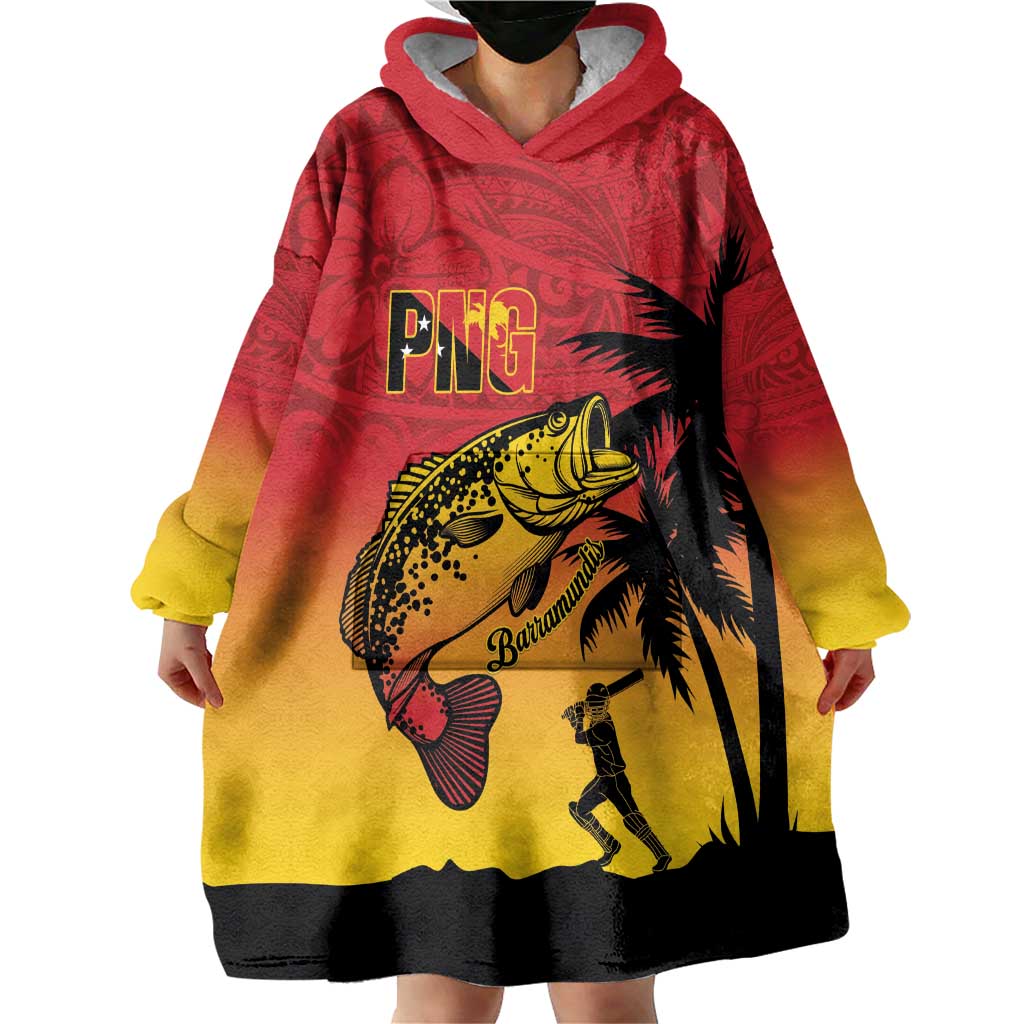 Custom Papua New Guinea Cricket Wearable Blanket Hoodie PNG Barramundis - Polynesian Pride