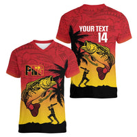 Custom Papua New Guinea Cricket Women V-Neck T-Shirt PNG Barramundis LT14 - Polynesian Pride