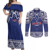 Custom Samoa Cricket Couples Matching Off Shoulder Maxi Dress and Long Sleeve Button Shirt Go Champions Samoan - Polynesian Pride
