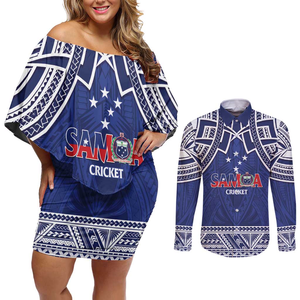 Custom Samoa Cricket Couples Matching Off Shoulder Short Dress and Long Sleeve Button Shirt Go Champions Samoan - Polynesian Pride