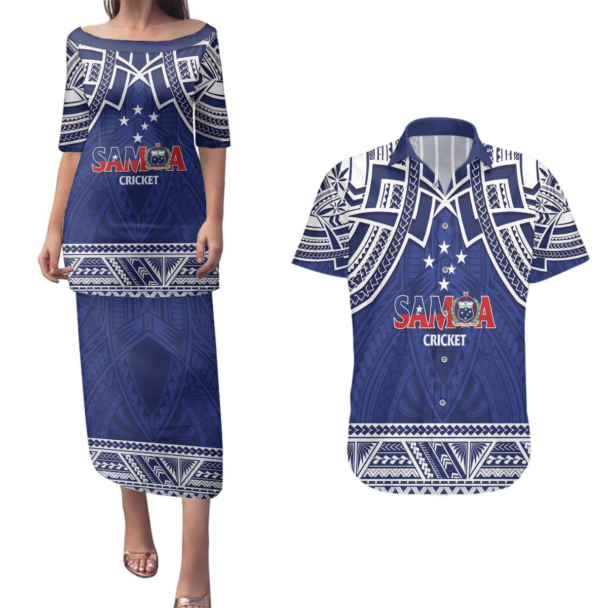 Custom Samoa Cricket Couples Matching Puletasi and Hawaiian Shirt Go Champions Samoan - Polynesian Pride
