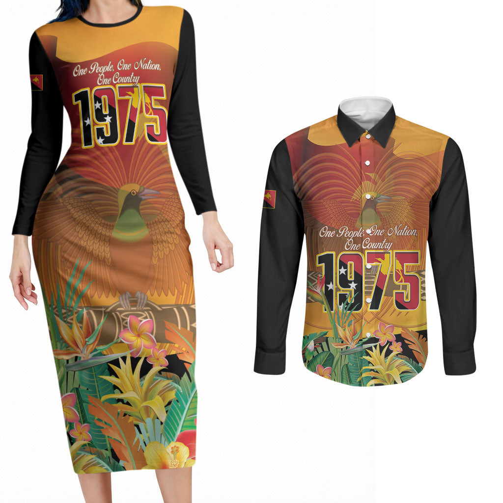 Personalised Papua New Guinea Independence Day Couples Matching Long Sleeve Bodycon Dress and Long Sleeve Button Shirt One People One Nation One Country