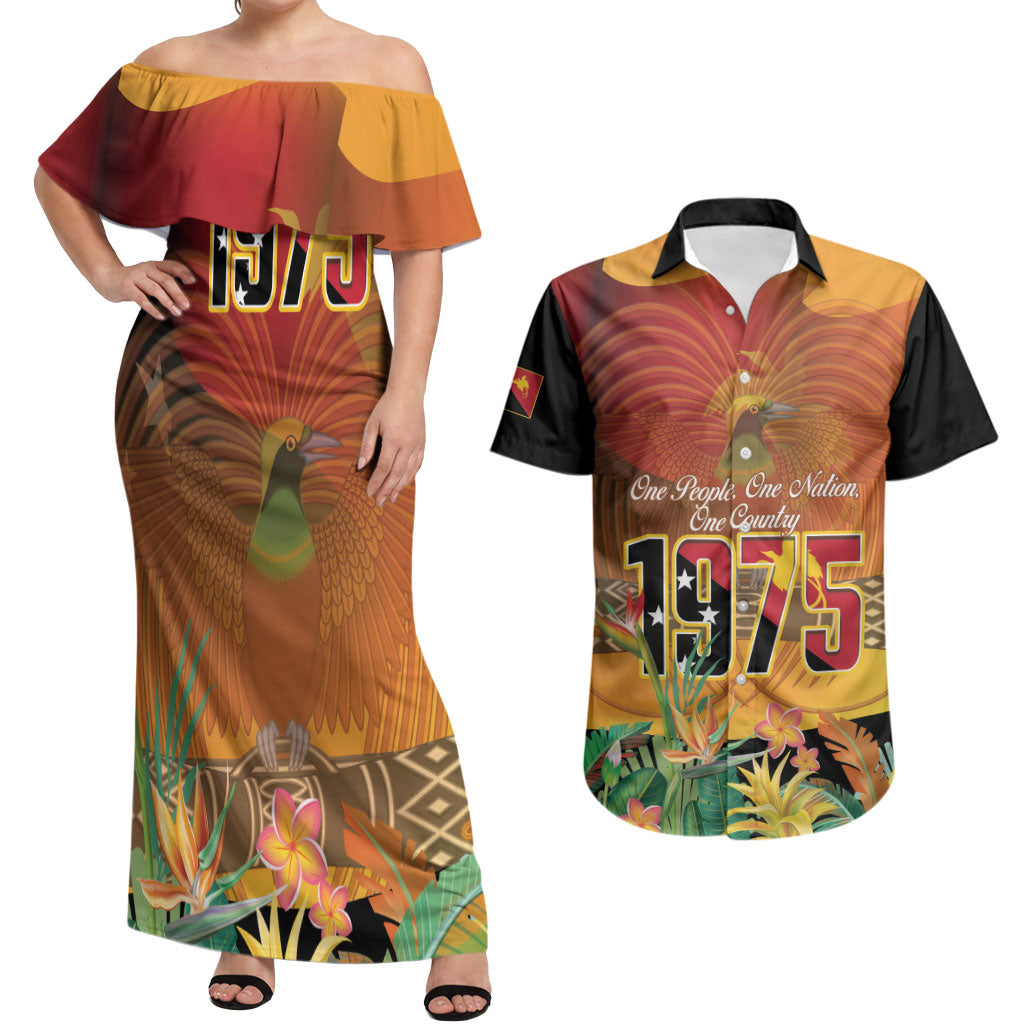 Personalised Papua New Guinea Independence Day Couples Matching Off Shoulder Maxi Dress and Hawaiian Shirt One People One Nation One Country